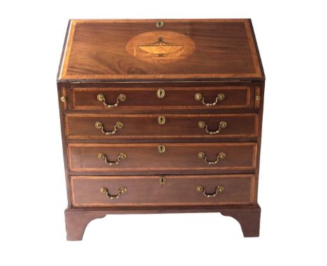 Late 19th/early 20th century mahogany and satinwood banded bureau, the fall front inlaid centrally with a Classical urn and o