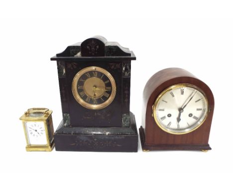 Edwardian black slate and marble mantel clock within an architectural case, 11.5" high; mahogany two train arch mantel clock,