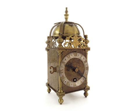 Small Elliott lantern clock timepiece, the dial bearing the spurious signature of 'Edwardus East Londini, 9" high  (winding k