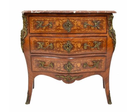 Louis XV style kingwood marquetry bombé commode, the serpentine rouge marble top over three floral inlaid drawers and side pa