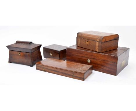 Victorian mahogany fitted writing slope, 15" wide; mahogany artists box with accessories, Victorian sarcophagus rosewood tea 