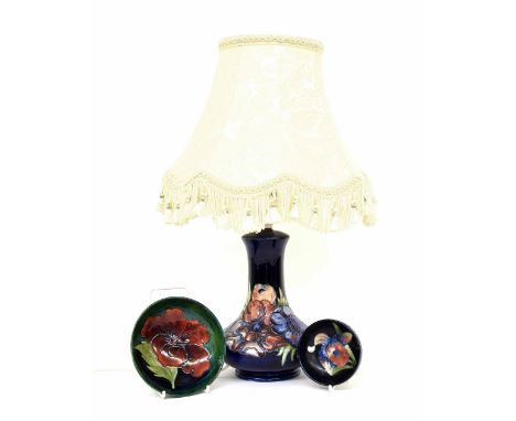 Moorcroft 'Anemone' table lamp and shade, decorated on a blue ground, the base 8" high; together with a Moorcroft 'Hibiscus' 