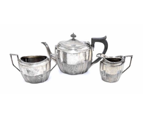 Late Victorian silver half reeded bachelors three piece tea set, comprising teapot, twin handled sucrier and milk jug, maker 