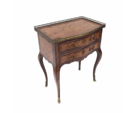 Louis XV style kingwood marquetry two drawer bowfront commode, the crossbanded top with applied pierced brass gallery, with a