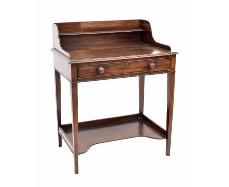 19th century mahogany washstand, the gallery back with a single shelf over a single frieze drawer upon square tapering legs u