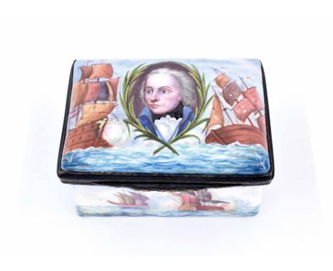 Admiral Lord Nelson - 19th century rectangular enamel box, with a portrait of Nelson to lid, the sides depicting ship battles