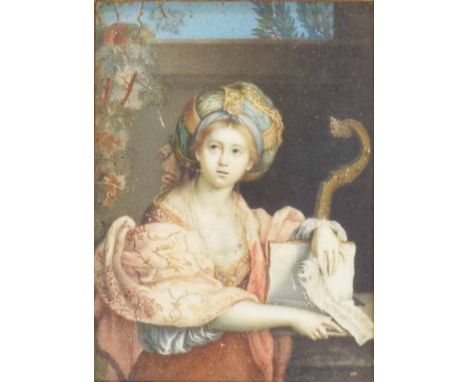 Continental School (19th century) - Female muse wearing robes and a turban, holding a musical manuscript, indistinctly signed