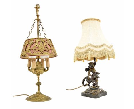 Classical style four branch gilt metal table lamp with integral shade, 28" high overall; together with a figural gilt metal a