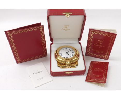 Cartier Colisee travel alarm clock, case no. 0546848, signed 2'' dial with Roman numerals, outer minute track and centre alar