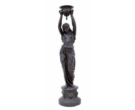 French School - good large patinated spelter statue of a lady, in Eastern dress holding aloft a basin upon a circular cast ci