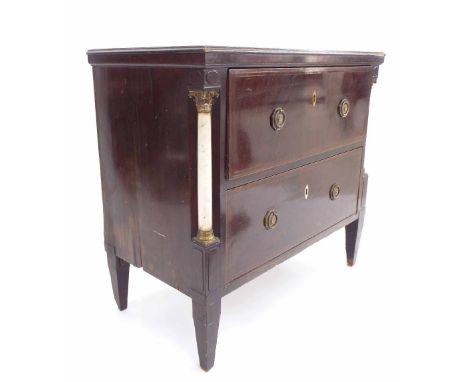 French Empire mahogany and elm two drawer commode, with herringbone inlay and white marble Corinthian column pilasters upon s