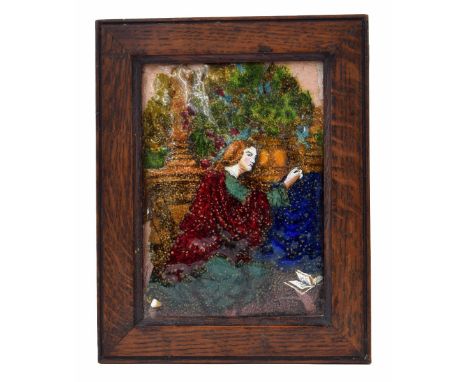 Limoges enamel plaque of a kneeling figure in a red cloak, within an oak frame, 7.5" x 6"