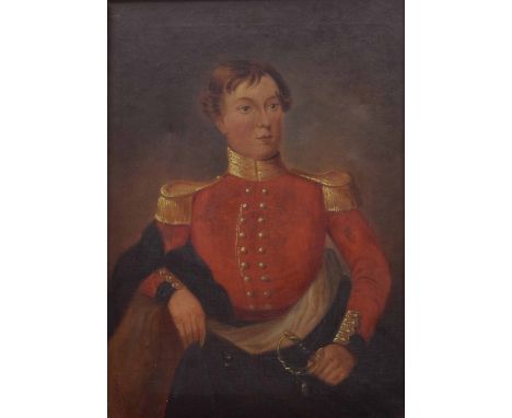 English School (19th century) - Portrait of a young man wearing Military costume, his left hand upon his sword, oil on canvas