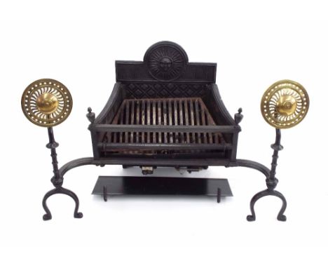 19th century style cast iron fire grate with applied pierced roundels, 38" wide; together with a Victorian style brass fire c