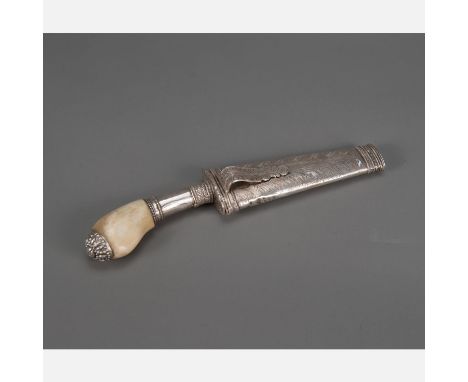 Indo-Chinese Dagger, curved blade, silver shaft and grip, bone, decorations, 19th century, 24 cm long