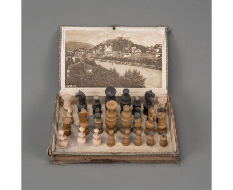 Travel Chess Set, wood turned, photo of Salzburg, in old cigar case, 20th century, 21 x 40 cm