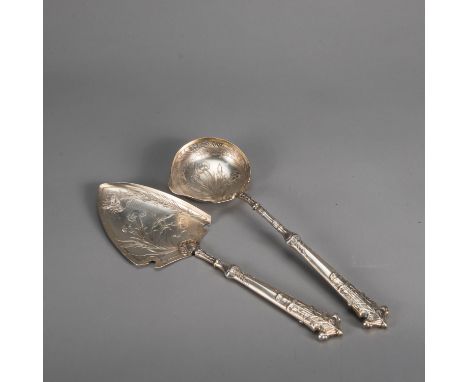 Silver Spatula and Ladle, rich Art Nouveau engravings, hallmarked, remains of gilding, 26,5 and 25 cm