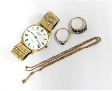 ROTARY, Gents gold plated wrist watch, a gemset ring, yellow metal ring with missing stone and a yellow metal chain (a/f) (4)