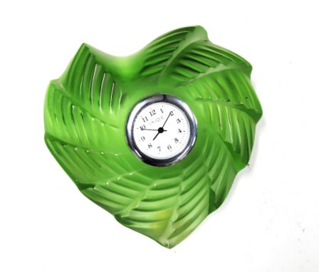Lalique green frosted glass clock, ribbed heart shape with a Quartz movement, 8cm. 