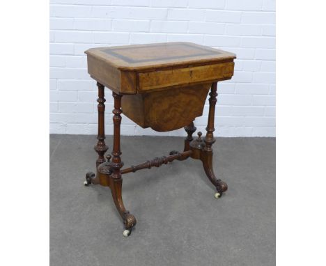 Victorian walnut &amp; mahogany  works/sewing table, rectangular top with canted corners, over a drawer and work bag, raised 