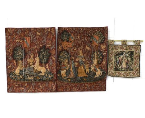 The Lady With the Unicorn, a Belgian tapestry together with another and one smaller, largest 84 x 64cm  (3) 