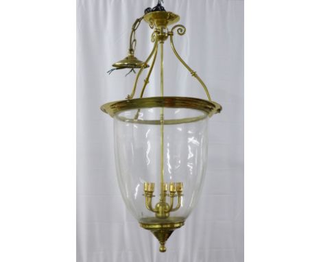 Large brass and glass hanging lantern ceiling light, 44 x 95cm 