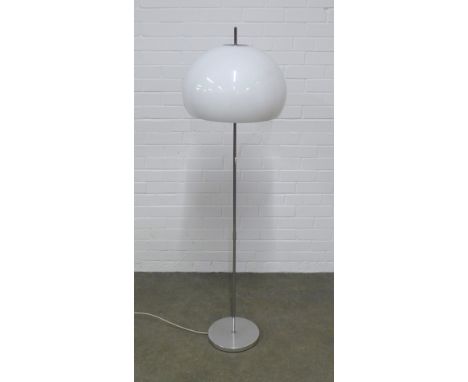 Chrome floor lamp with Guzzini style white glass shade, 42 x 145cm. 