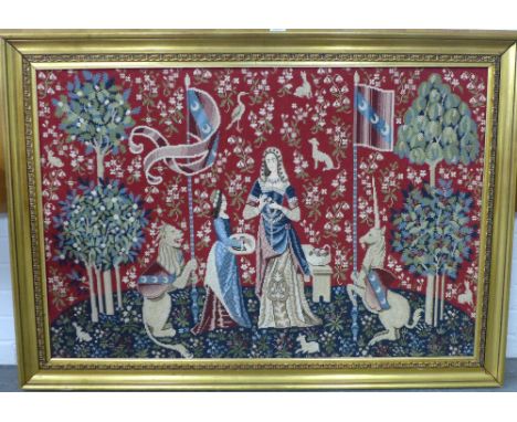 Lady and the Unicorn, large wool tapestry, in a gilt frame, size 110 x 75cm 