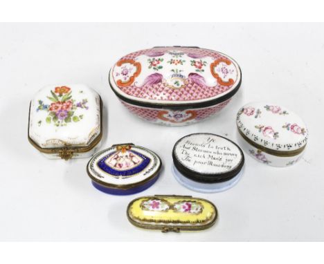 A group of six porcelain and enamel patch and snuff boxes, largest 9cm long (6) 