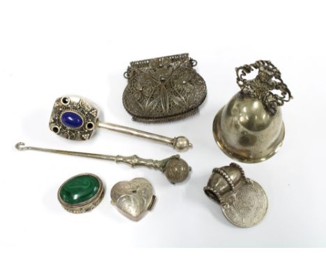 Two silver pill boxes, filigree purse, Arabic coin pendant, button hook and bell, etc  (7) 