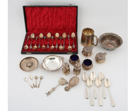 Silver quaich London 1947, embossed bon-bon dish, London 1894, six piece condiment set with Celtic band, small mug, Birmingha