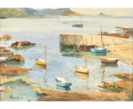 Edward Wesson (British, 1910-1983), harbour scene with moored fishing vessels, oil on board, signed lower left, 40 x 56cm.Con