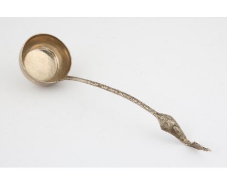 Indian silver white metal soup or punch ladle bowl with hammered finish and a handle decorated with a deity. Dot signed and d