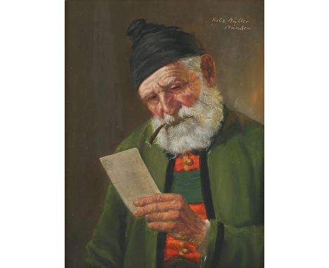 Fritz Muller (German, 1867-1926), portrait of a bearded man reading a letter, oil on board, signed top right, 23.5 x 17cm, fr