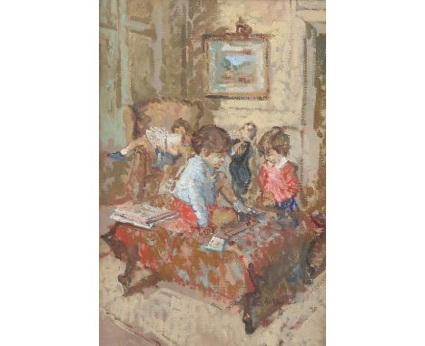 § Peter Kuhfeld (British, b. 1952), 'Boys Playing' (1987), oil on board, signed lower right, 34 x 22cm, framed and glazed.Pro