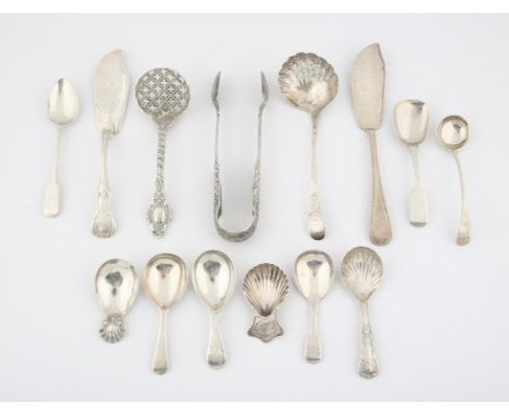 A quantity of Hallmarked silver Caddy spoons sugar nips Fish Knife and associated items, Various dates and makers. Approx. 12