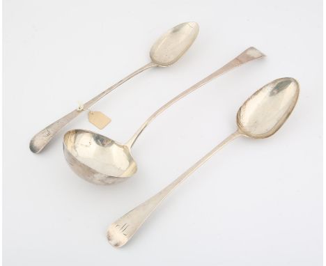 Two large hallmarked Silver serving spoons and a ladle, Ladle marked for London 1794 maker W.S, One large spoon London 1805, 