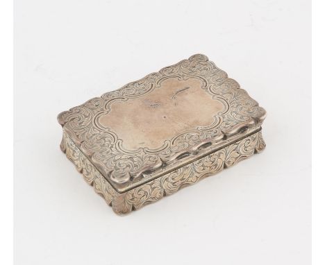 Victorian foliate engraved snuff box with gilt interior, the hinged cover with blank cartouche, by Edward Smith, Birmingham 1