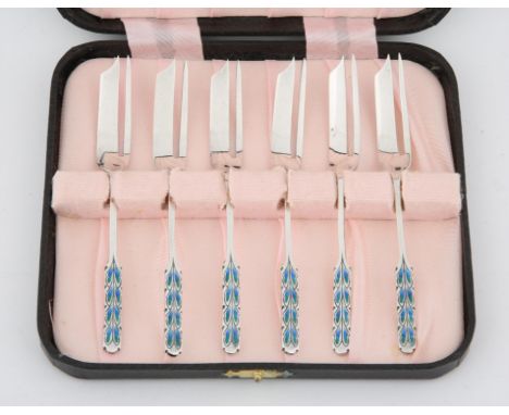 Liberty and Co Silver Enamel, feathered design set of six forks. Birmingham 1929