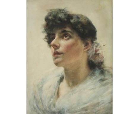 Circle of Walter Langley (British, 1852-1922), portrait of a young woman with a flower in her hair, watercolour, unsigned, 42