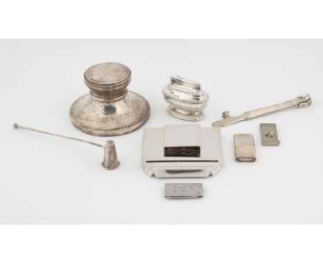 Ink stand lacking bottle, capstan inkwell Birmingham 1937, Sterling silver candle snuffer, weighable silver 6.3oz 198gm, silv