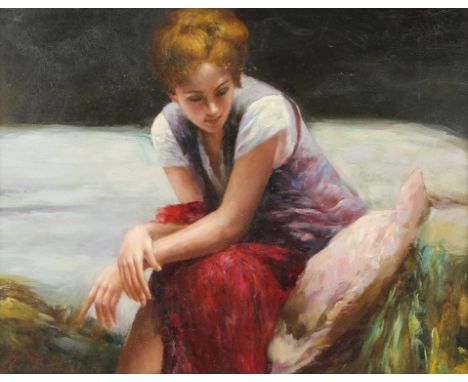 Twentieth-century European School, portrait of a young woman in purple, oil on board, signed indistinctly lower right, 38 x 4
