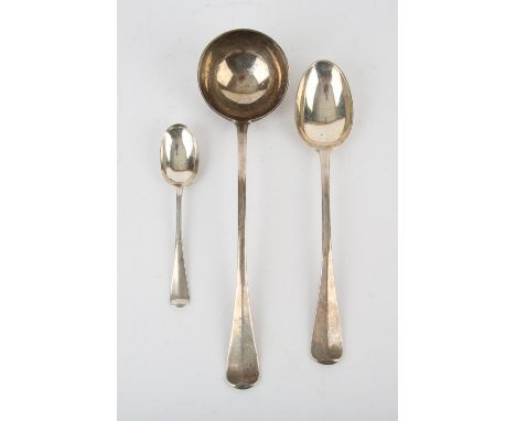 Late Victorian rat tail ladle, basting spoon and desert spoon by Josiah Williams & Co London 189716.3oz 508.5gm