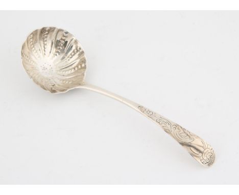 George III sIrish silver 18th century sauce ladle with prick work bowl decoration and bright cut stem by Michael Keating. Dub
