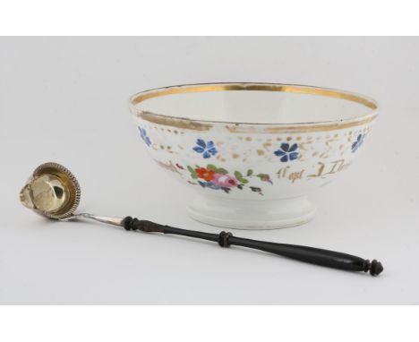Danish silver ladle 1847 with turned wood handle the bowl inscribed, "Magdalena Davis 1847" and a hand painted porcelain punc