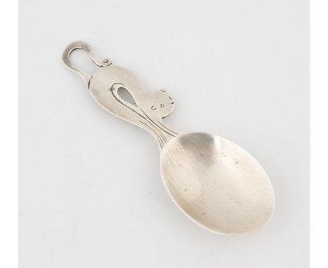 George V Art Deco silver caddy spoon with handle in the form of a cat in the piloerection stance by William Aitken. Birmingha