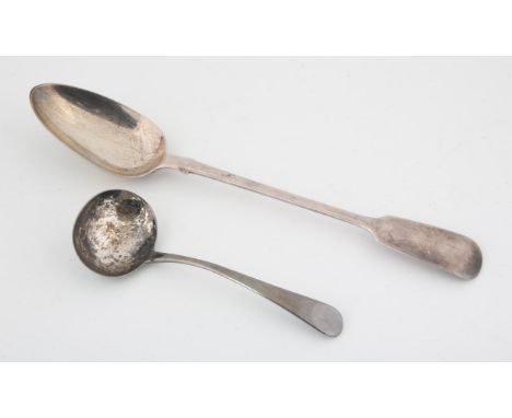 A silver hallmarked spoon and small ladle, spoon with marks for Robert Wallace London 1851, ladle with marks for Richard Turn