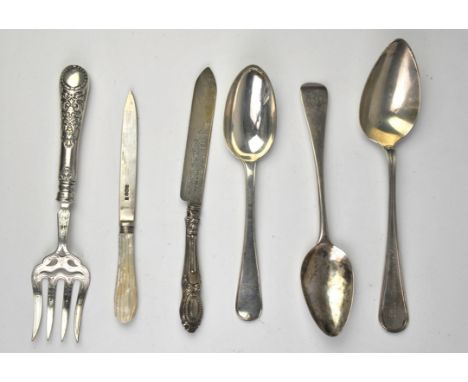 Silver hallmarked flatware including spoons toasting fork, mother of pearl handled knife etc. approx.13.4 troy oz