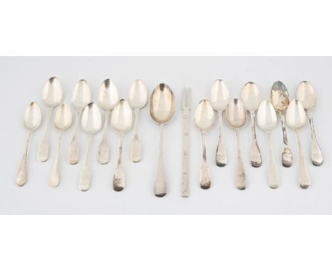 A selection of silver hallmarked teaspoons all different date and makers, and a pickle fork. Approx. 11.2 oz