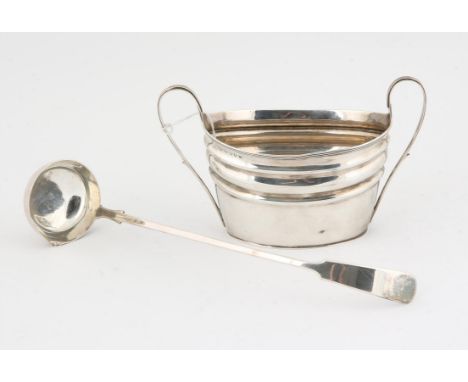 George III silver two handled sugar bowl, possibly by George Reed, engraved with the letter B, marks rubbed, 4.9oz 153gm, Vic